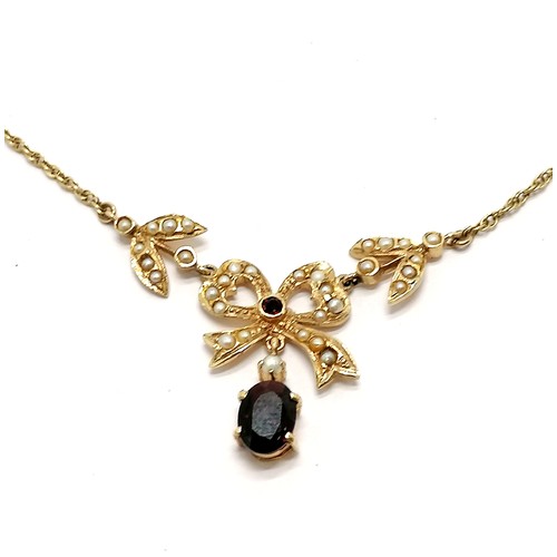 360 - 9ct hallmarked gold Art Nouveau style necklet with pendant drop set with garnet & seed pearl - 38cm ... 