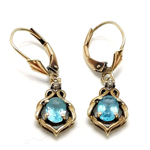 405 - 10ct marked gold blue topaz & diamond drop earrings - 2.8cm drop & 1.8g total weight