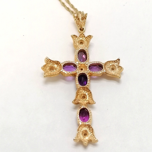 415 - 14ct marked gold cross set with amethysts & diamonds (5cm drop) on a 14ct marked gold 44cm chain ~ t... 