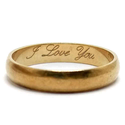 418 - Year 2000 9ct hallmarked gold band ring - size O½ & 2.3g ~ engraved 'I Love You' inside of shank