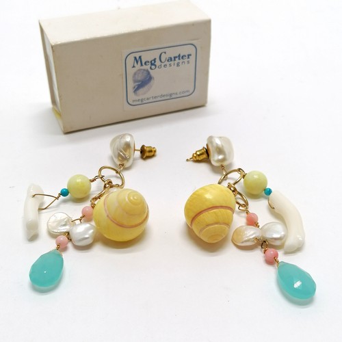 434 - Meg Carter pair of handmade drop earrings with shell detail (7cm) in original box