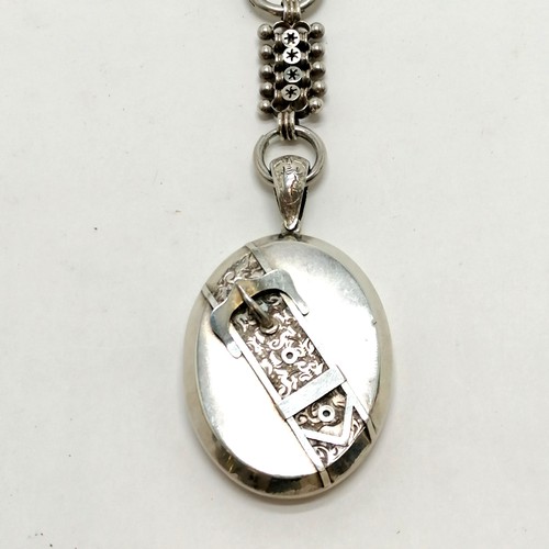 440 - Antique unmarked silver collar (49cm) & pendant locket with belt / buckle detail (6.8cm drop) ~ tota... 