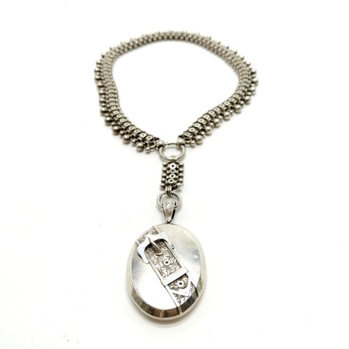 440 - Antique unmarked silver collar (49cm) & pendant locket with belt / buckle detail (6.8cm drop) ~ tota... 