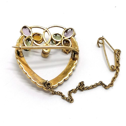 451 - Antique unmarked gold heart brooch set with pearl & coloured stones (inc amethyst & citrine) with go... 