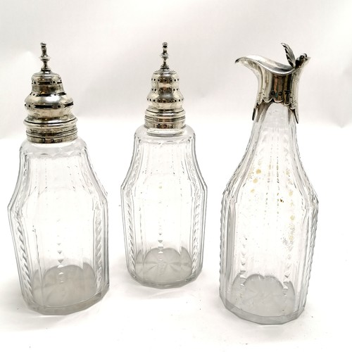 722 - 3 x Georgian silver mounted condiment bottles with cut detail to glass - 18cm high with no obvious d... 