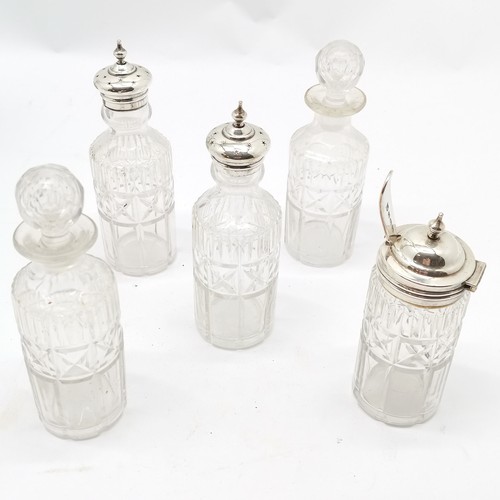 737 - Pair of Old Sheffield plate salts with glass liners (1 a/f), 5 glass bottle cruet stand, oval galler... 