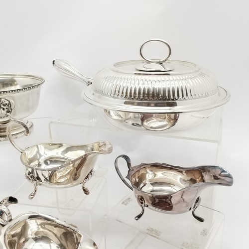 738 - Qty of silver plated wares inc chafing dish (with liner lacks bolt), sauceboats, entree dish with be... 