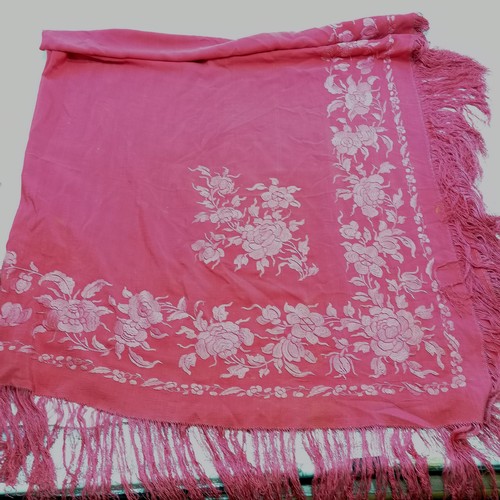 14 - Antique Chinese silk shawl with fringe & embroidered floral detail - 170cm square (inc fringe) ~ has... 