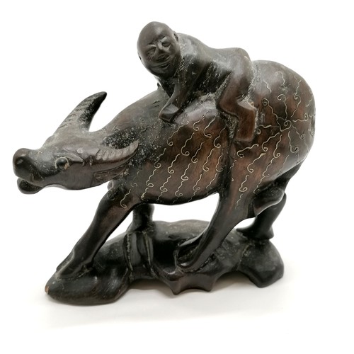 15 - Antique Chinese carved wooden figure of a boy on the back of a water buffalo with silver wire inlay ... 