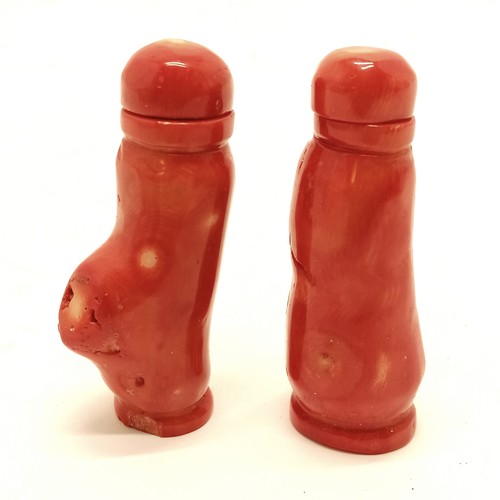 21 - Pair of hand carved coral Oriental snuff bottles (7.5cm) with aquatic detail - 1 slight a/f