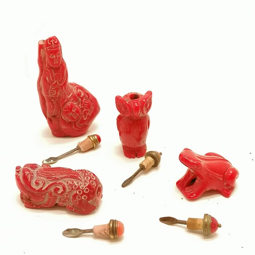 23 - 4 x Oriental hand carved coral snuff bottles inc frog, owl etc - tallest 7.5cm