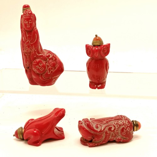 23 - 4 x Oriental hand carved coral snuff bottles inc frog, owl etc - tallest 7.5cm