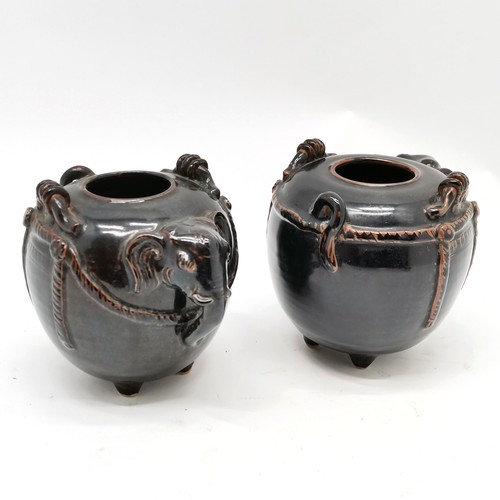 26 - Pair of Oriental stoneware stylised elephant vessels - 16.5cm high with no obvious damage