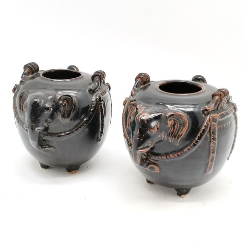 26 - Pair of Oriental stoneware stylised elephant vessels - 16.5cm high with no obvious damage