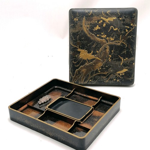 28 - Oriental antique gold splash lacquer calligraphy scribes box with crane detail to lid & original unm... 