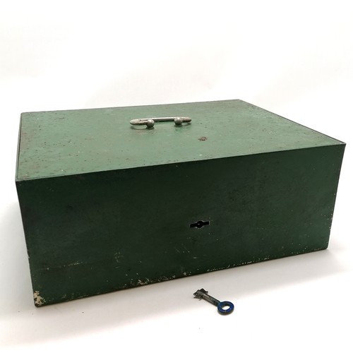 35 - Antique steel Siroma security strongbox / deeds box with original key & green paint finish & remnant... 