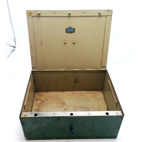 35 - Antique steel Siroma security strongbox / deeds box with original key & green paint finish & remnant... 