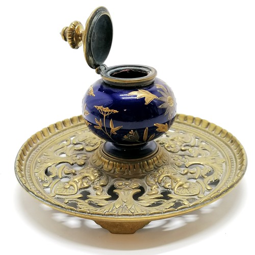 36 - Taylor Tunnicliffe & Co antique brass inkstand with blue & raised silver / gilt decorated porcelain ... 