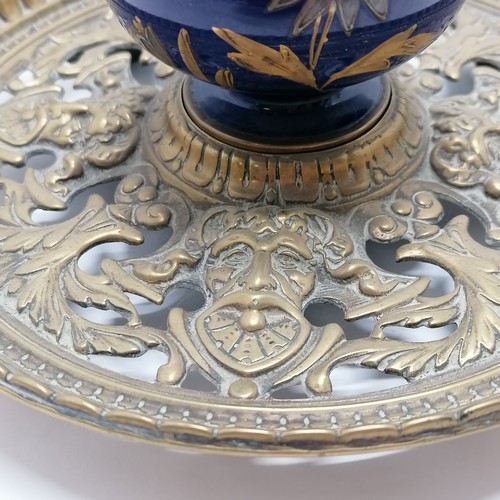 36 - Taylor Tunnicliffe & Co antique brass inkstand with blue & raised silver / gilt decorated porcelain ... 