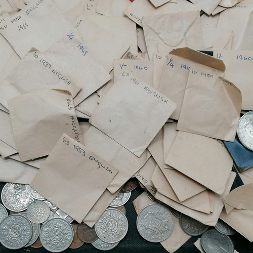 38 - Qty of coins inc silver - mostly in annotated envelopes in a small leather Gladstone bag