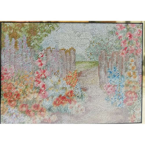 39 - Antique Regency pair of needlepoint studies of garden scenes in their original frames - 22.5cm x 27c... 