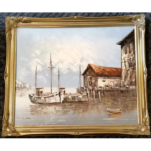 41 - W Jones oil painting on canvas of 2 fishing boats at a jetty - frame 60cm x 70cm ~ SOLD IN AID OF ST... 