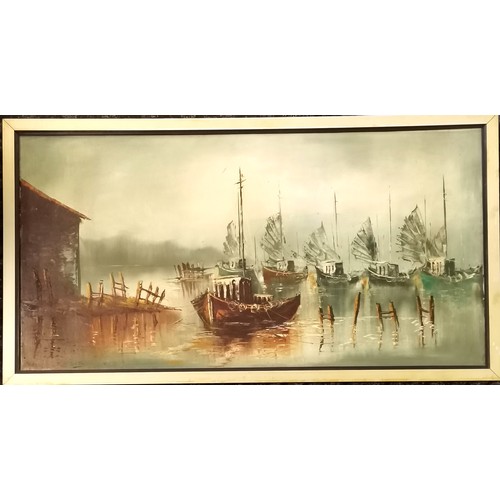 42 - Oil on board painting of fishing boats signed Walter - frame 47cm x 87cm - has small loss near talle... 