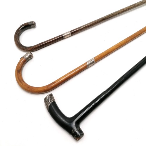 45 - 3 x antique walking sticks all with silver mounts - 89cm ebonised stick lacks 1 mount