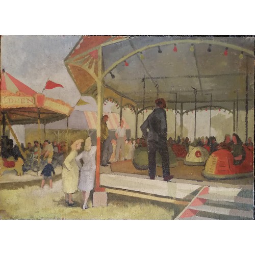 49 - Peter Folkes (1923-2019) 1950's oil on canvas painting of a fairground & dodgem / bumper cars - 56cm... 