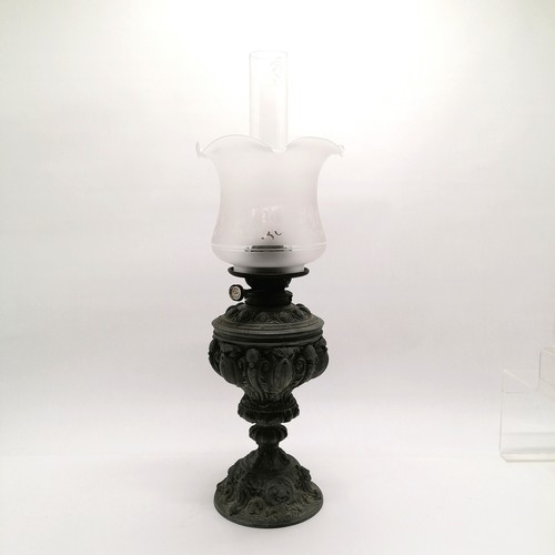 60 - Antique metal oil lamp with glass reservoir and double burner by W Bull (London) with acid etched sh... 