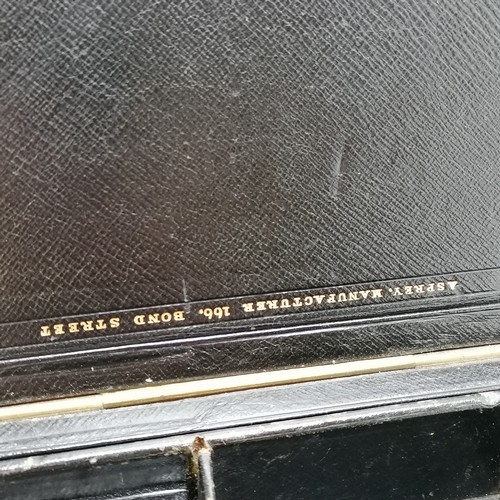 74 - Asprey (166 Bond St) black leather travelling vanity box - 30cm x 26cm x 11cm ~ old repairs to handl... 