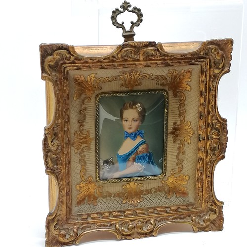 77 - Vintage hand painted portrait miniature of a girl with a kitten (after Jean-Baptiste Perronneau) in ... 