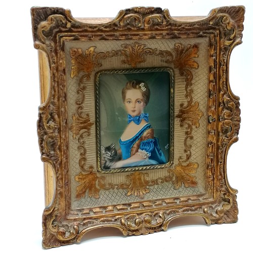 77 - Vintage hand painted portrait miniature of a girl with a kitten (after Jean-Baptiste Perronneau) in ... 