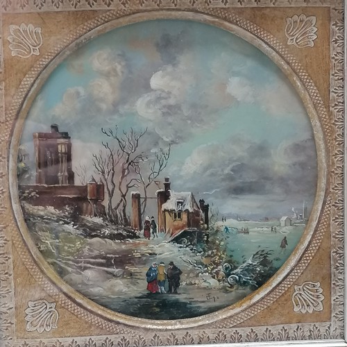78 - Pair of continental vintage pastoral scenes painted on copper (1 signed with monogram) - frame 23cm ... 