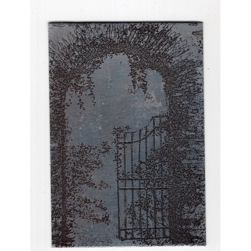 85 - Ian Laurie (1933-2022) original metal printing plate of gate + archway - 8.1cm x 5.6cm