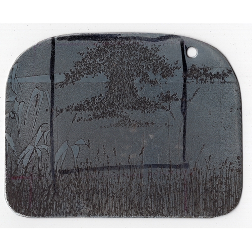 86 - Ian Laurie (1933-2022) original metal printing plate of a tree in a field - 9.4cm x 7.3cm