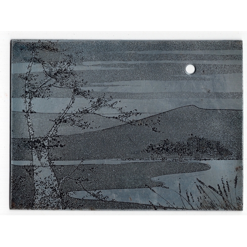 87 - Ian Laurie (1933-2022) original metal printing plate of a tree with hills in background - 7.6cm x 10... 