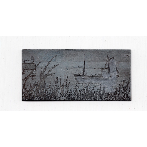 88 - Ian Laurie (1933-2022) original metal printing plate of a boat coming into harbour - 5.8cm x 2.7cm