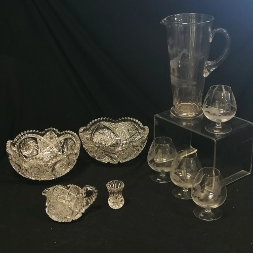 92 - Füger glass jug & 4 x schooners with etched wild animals inc giraffe on the 26cm jug (no obvious dam... 