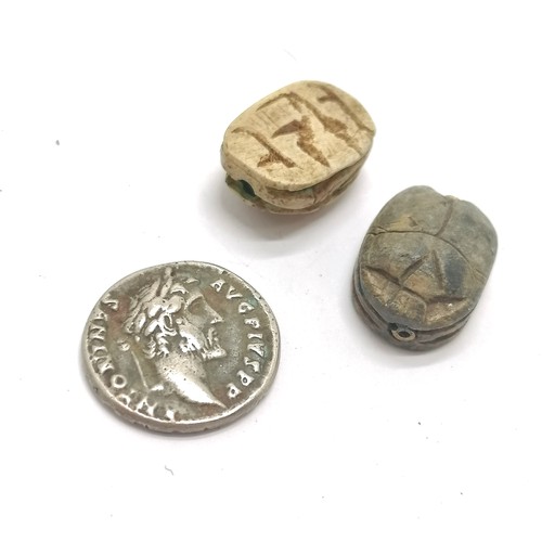 95 - Antoninus Pius (?) roman silver coin, commemorative medallion, 2 scarab beetle beads & antique plast... 