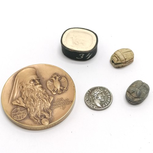 95 - Antoninus Pius (?) roman silver coin, commemorative medallion, 2 scarab beetle beads & antique plast... 