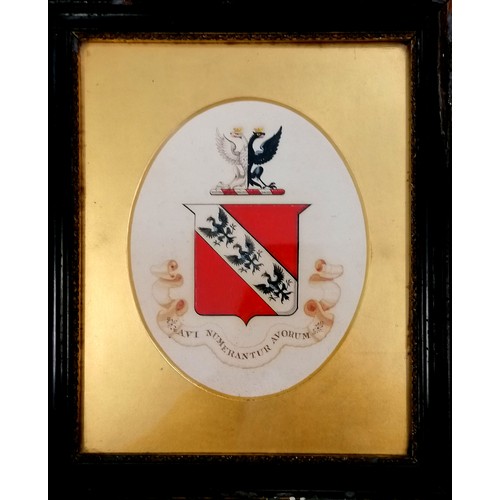 104 - Antique hand painted armourial crest / coat of arms with double headed eagle detail - frame 31cm x 2... 