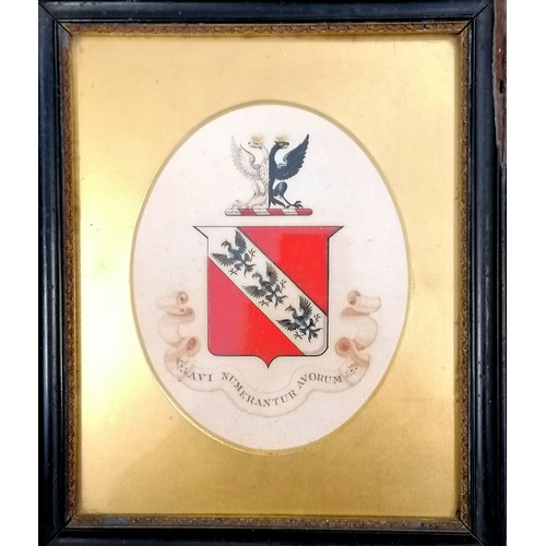 104 - Antique hand painted armourial crest / coat of arms with double headed eagle detail - frame 31cm x 2... 