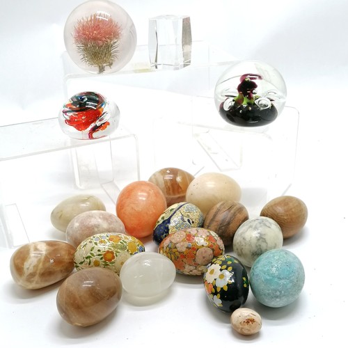 111 - Collection of stone & wooden decorated eggs t/w paperweights inc Caithness Moonflower ~ SOLD IN AID ... 