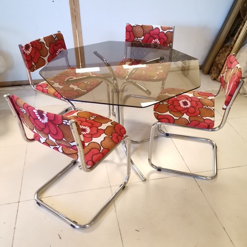 114 - Retro Mid century smoky glass and chrome table and 4 chrome and fabric cantilever chairs - all in go... 