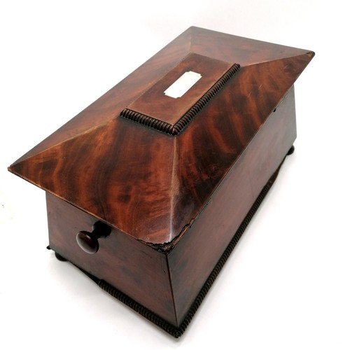 115 - Antique flame mahogany veneered tea caddy with mother of pearl detail to lid - 35cm x 18cm high ~ ha... 