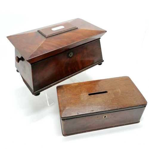 115 - Antique flame mahogany veneered tea caddy with mother of pearl detail to lid - 35cm x 18cm high ~ ha... 
