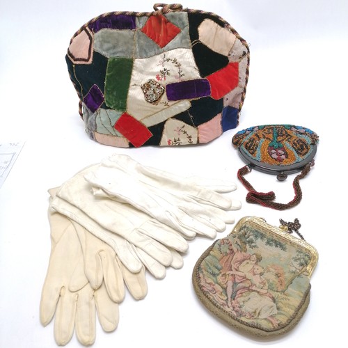 118 - Antique patchwork tea cosy (35cm x 23cm) t/w 2 vintage evening bags & kid gloves