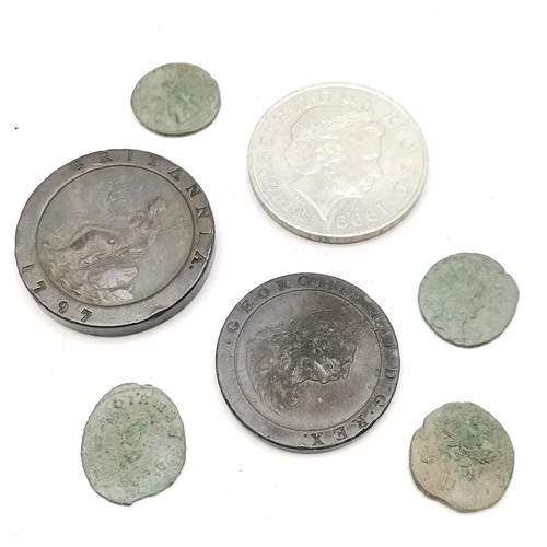 122 - Qty of coins inc 4 x annotated Roman coins (3 Gallienus & 1 Postumus), 1797 cartwheel 2d + 1d, 4 x G... 