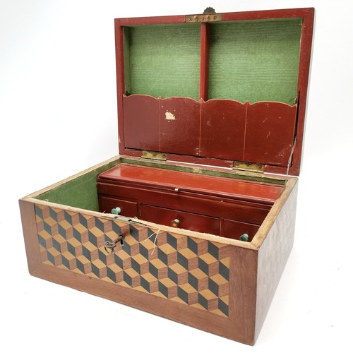 124 - Antique box with tumbling block parqetry detail with fitted interior - 33cm x 24cm x 14.5cm ~ no obv... 